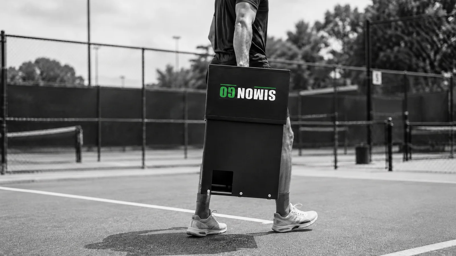 Player carrying the folded Simon Go machine by its handle across the court