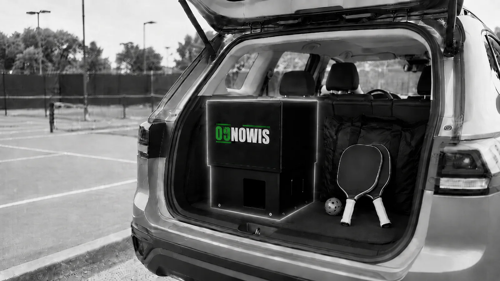 The folded Simon Go machine packed in an SUV trunk alongside paddles and a gear bag